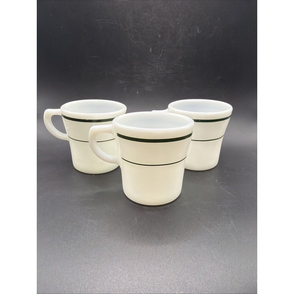 Vtg Pyrex Corning Tableware Green Stripe Band Coffee Mug w/ D Handle Set Of 4